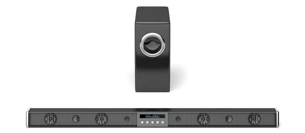 generica soundbar con display integrato e subwoofer esterno